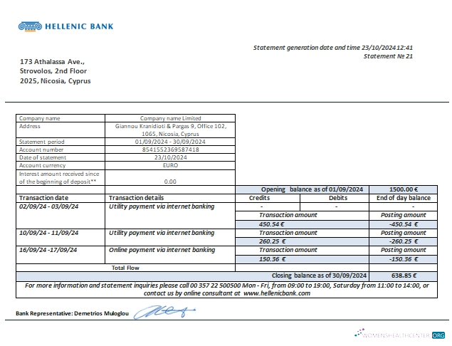 Download Cyprus Hellenic bank business bank statement scr Photoshop template